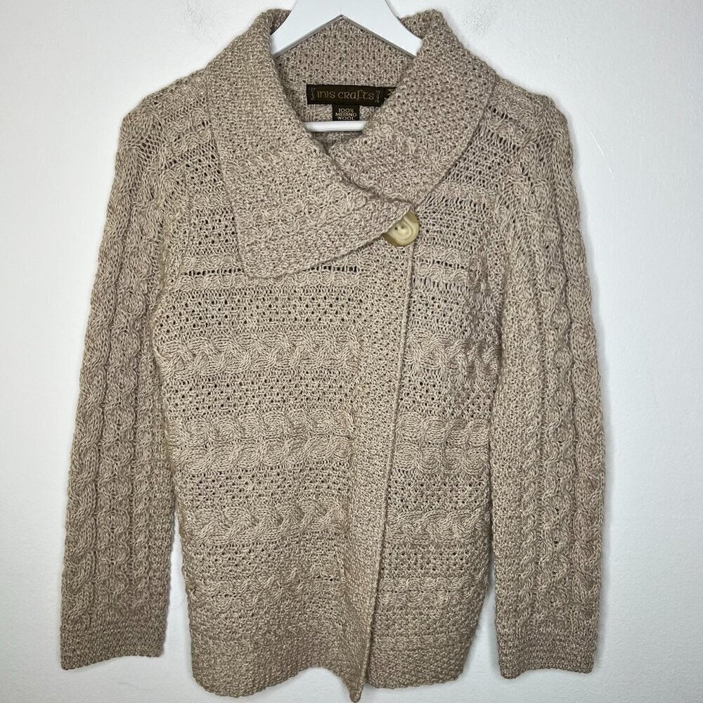 Inis Crafts Women Knit Sweater Cardigan Merino Wool Made in Ireland Fisherman M